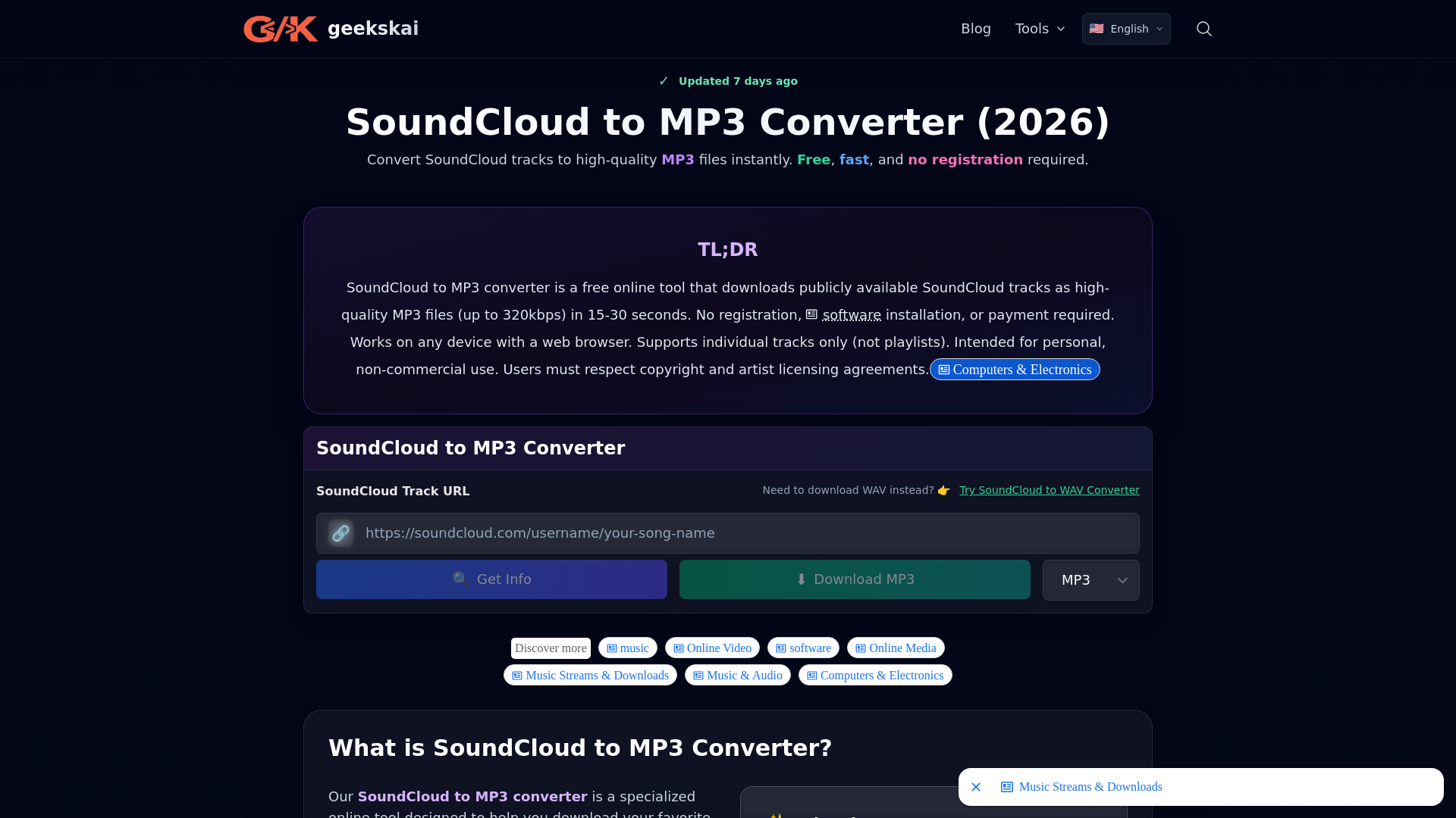 website screenshot of https://geekskai.com/tools/soundcloud-to-mp3/