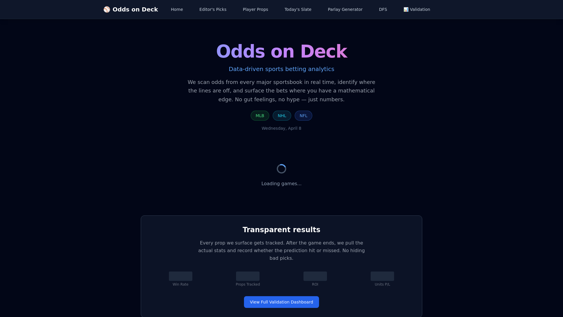 website screenshot of https://oddsondeck.com/