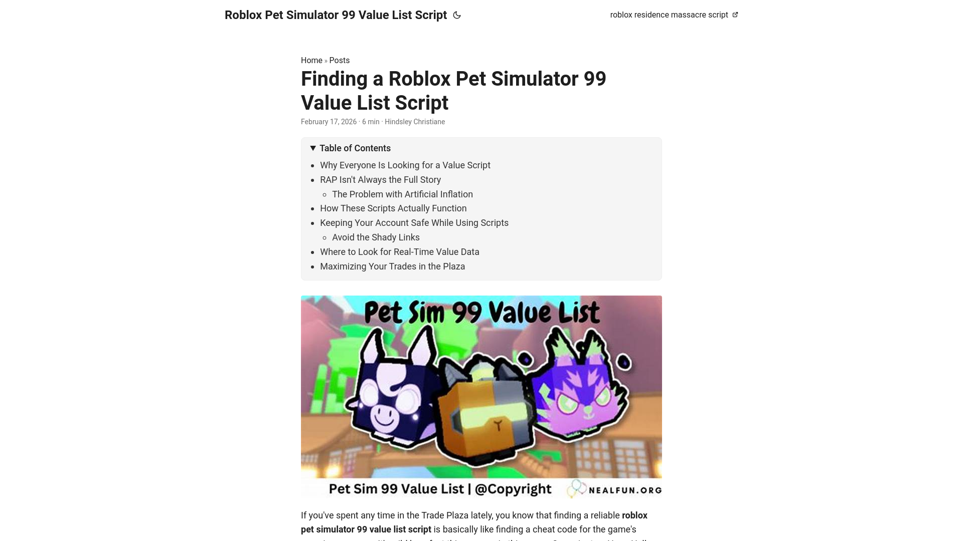 website screenshot of https://roblox-pet-simulator-99-value-list-script.pages.dev/