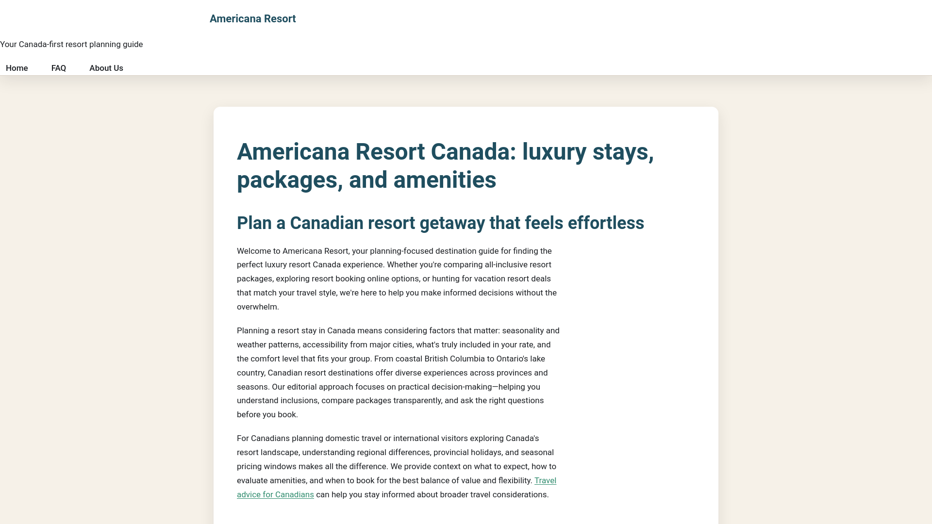 website screenshot of https://americanaresort.ca