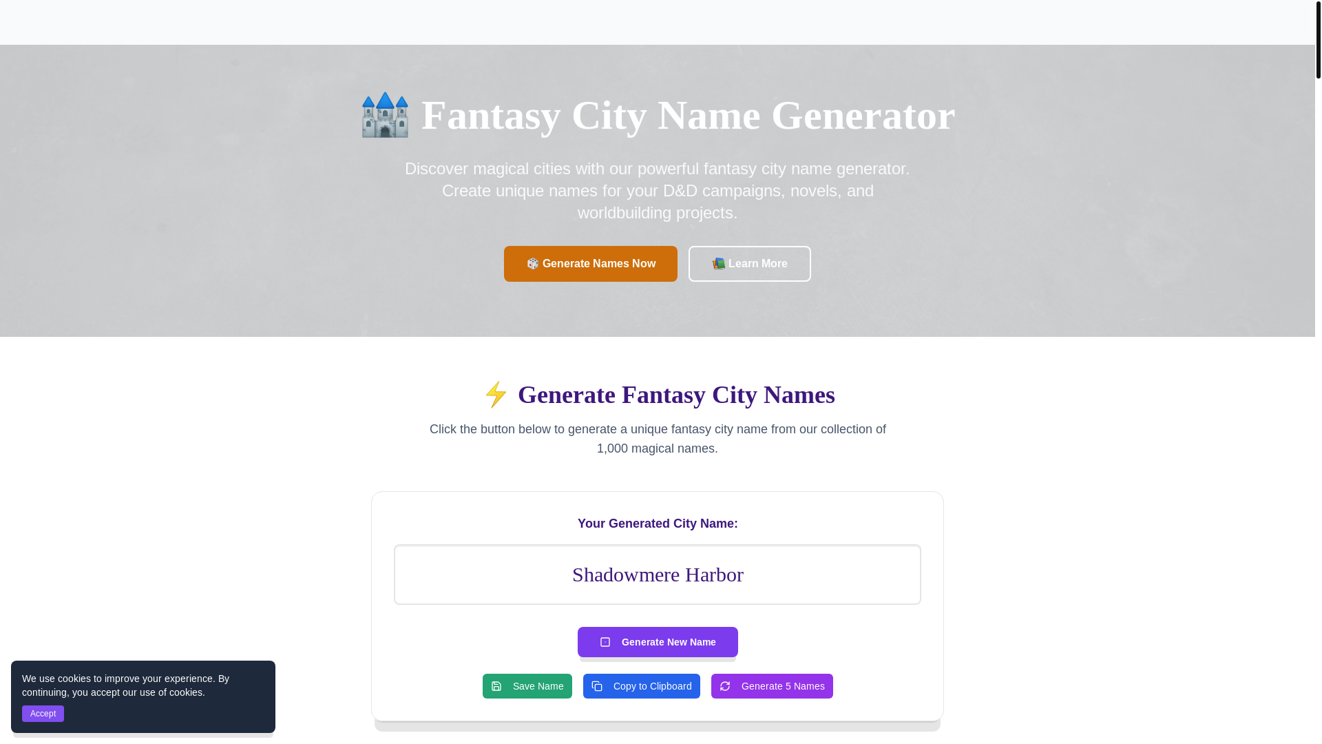 website screenshot of https://fantasycitynamegenerator.pages.dev/