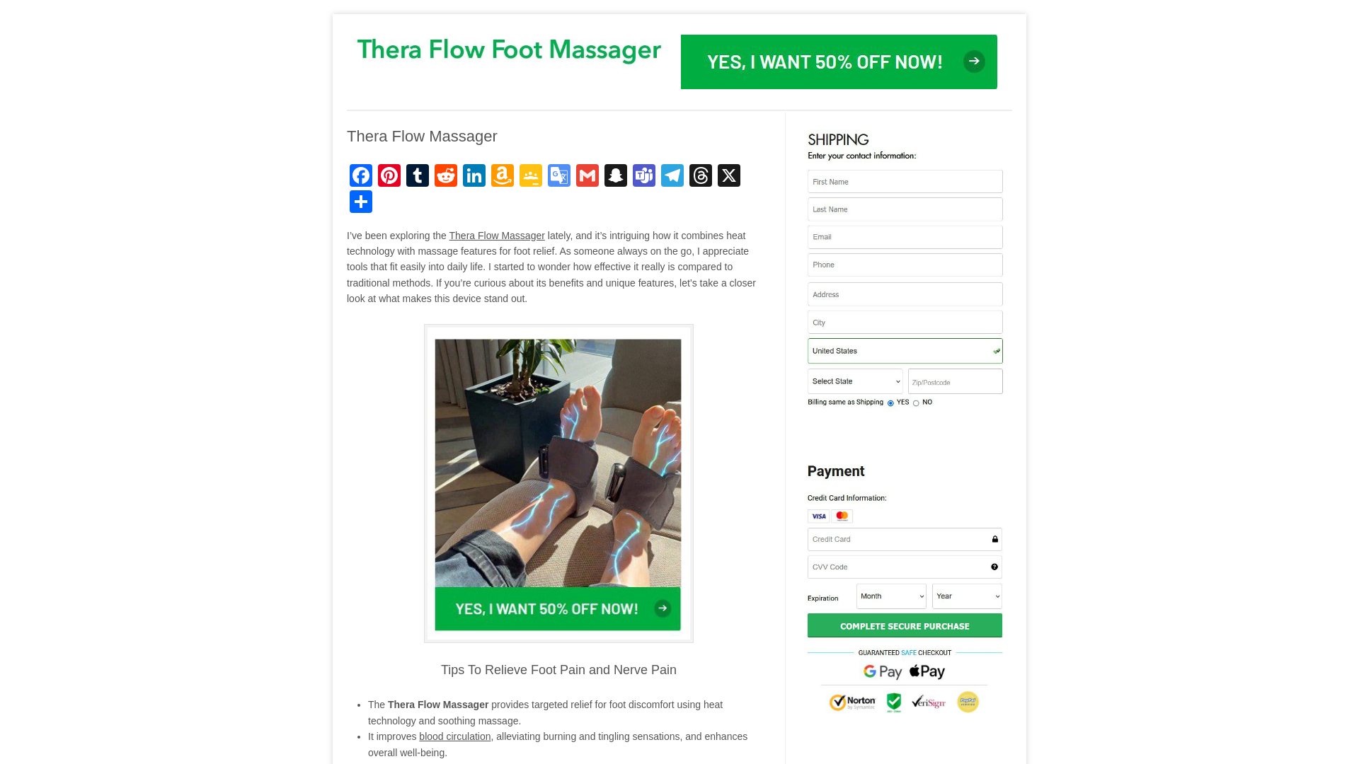 website screenshot of https://theraflowfootmassager.com/