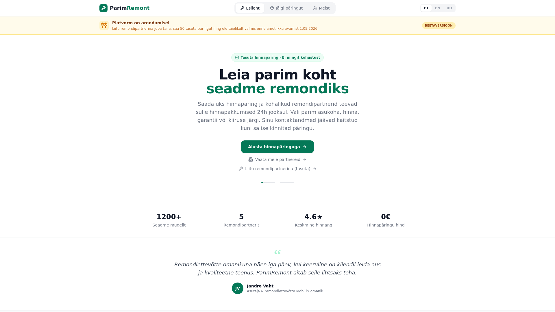website screenshot of https://parimremont.ee/