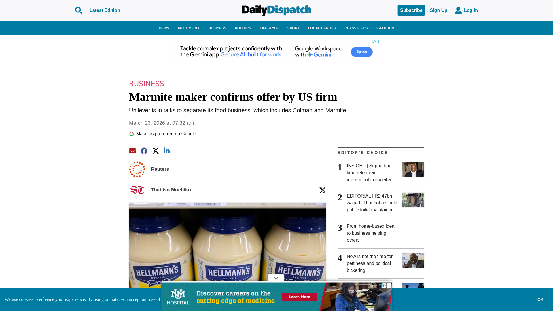 website screenshot of https://www.dailydispatch.co.za/business/2026-03-23-marmite-maker-confirms-offer-by-us-firm/
