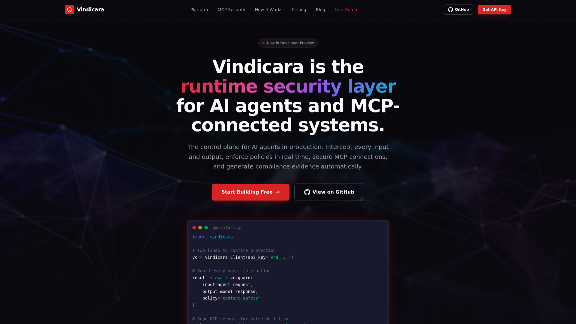 website screenshot of https://vindicara.io/