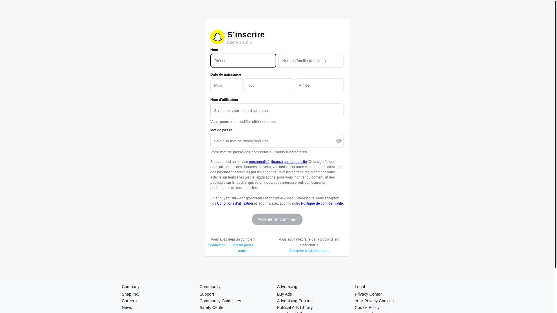 website screenshot of https://accounts.snapchat.com/v2/signup
