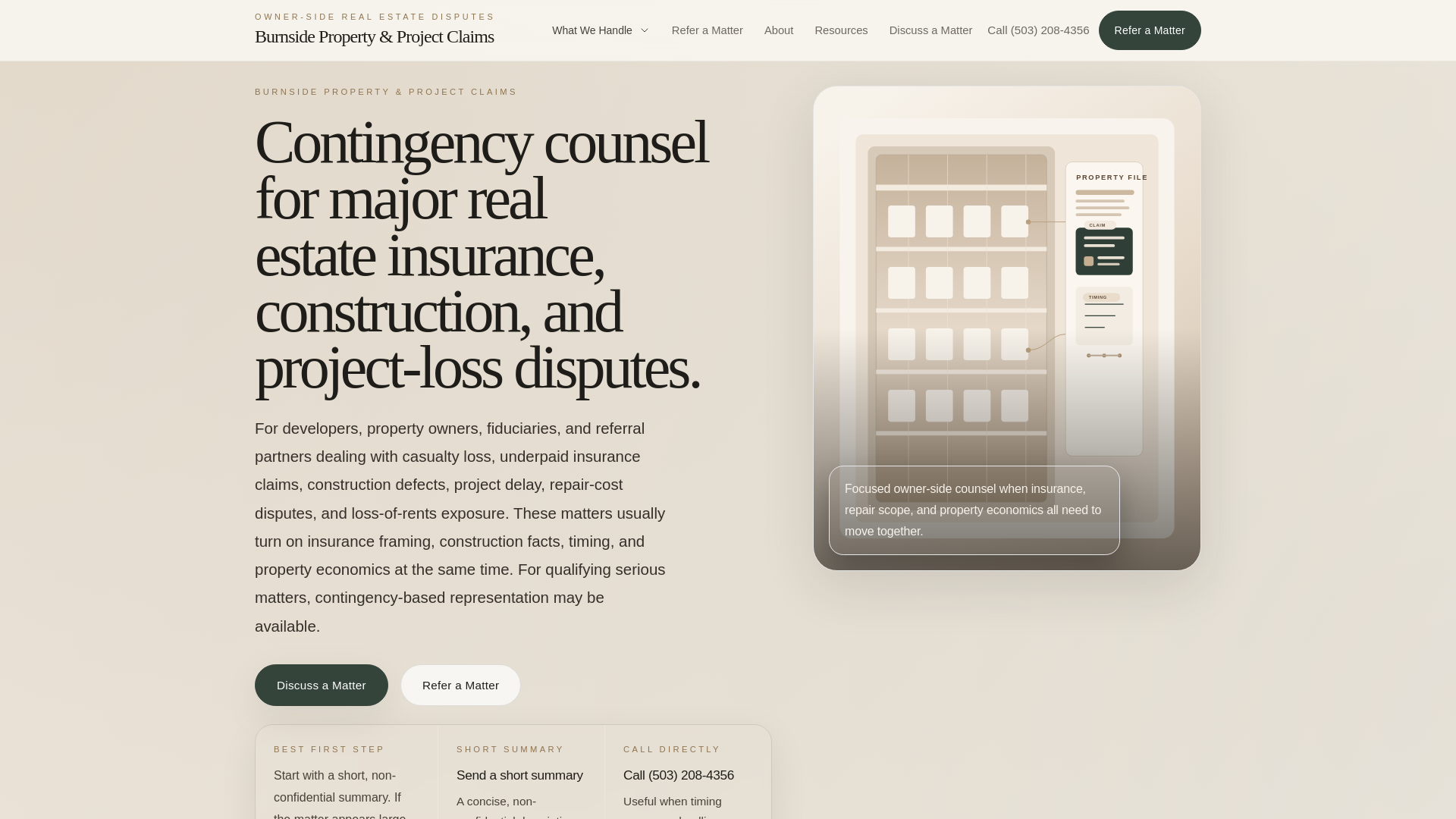 website screenshot of https://burnsidepropertyandprojectclaims.com