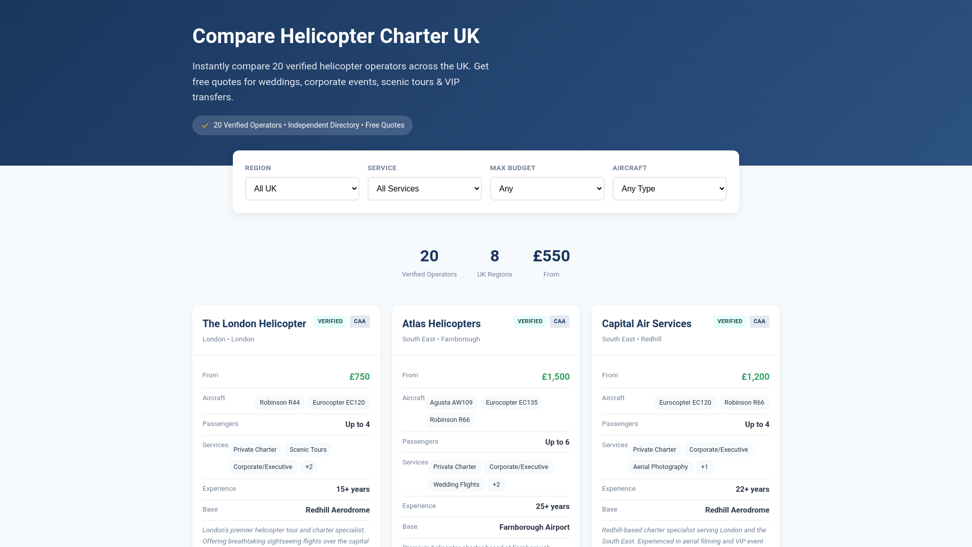 website screenshot of https://helicopterchartercompare.co.uk/