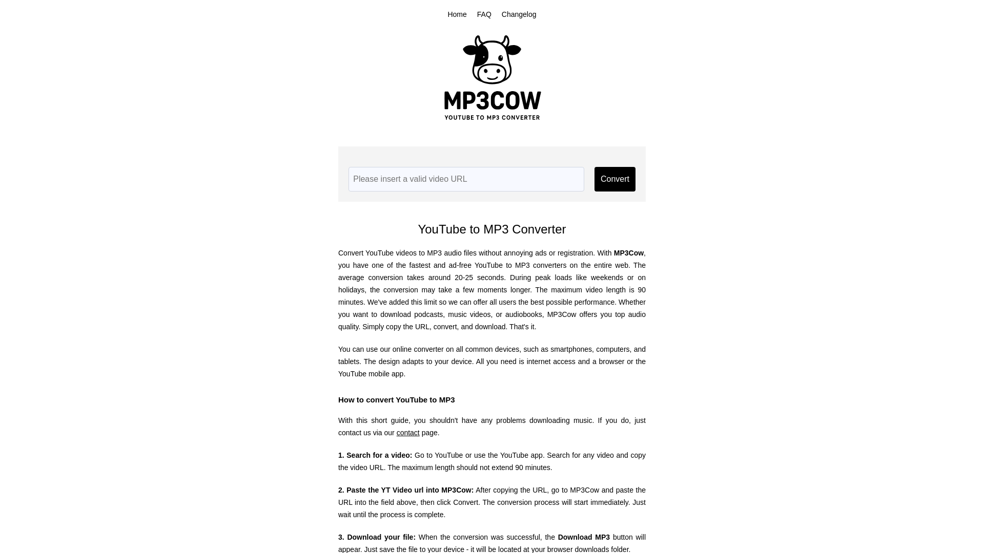 website screenshot of https://mp3cow.com/