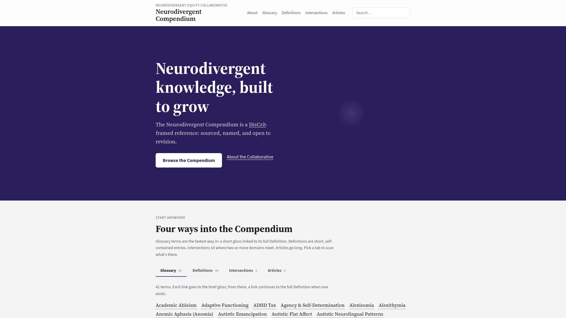 website screenshot of https://neurodivergentcompendium.org/