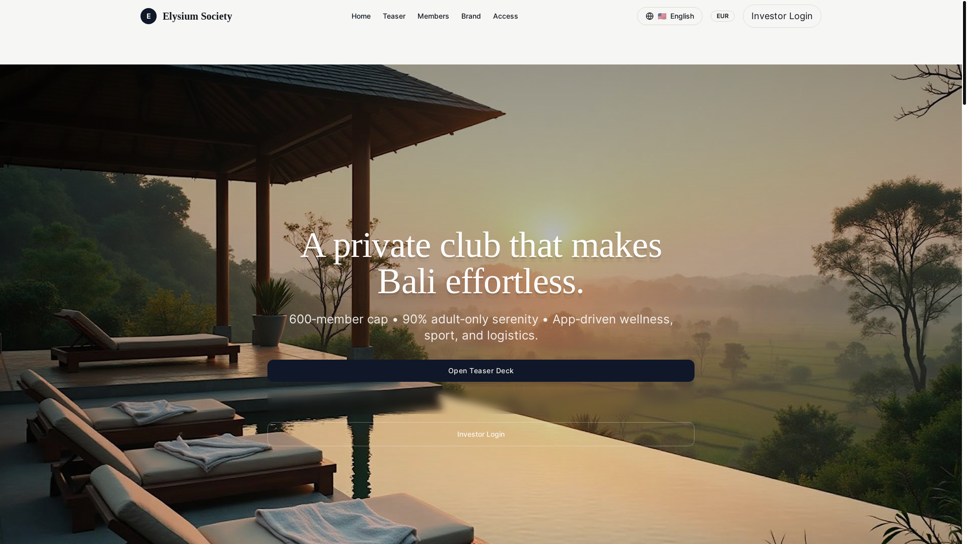 website screenshot of https://elysiumsocietybali.com/