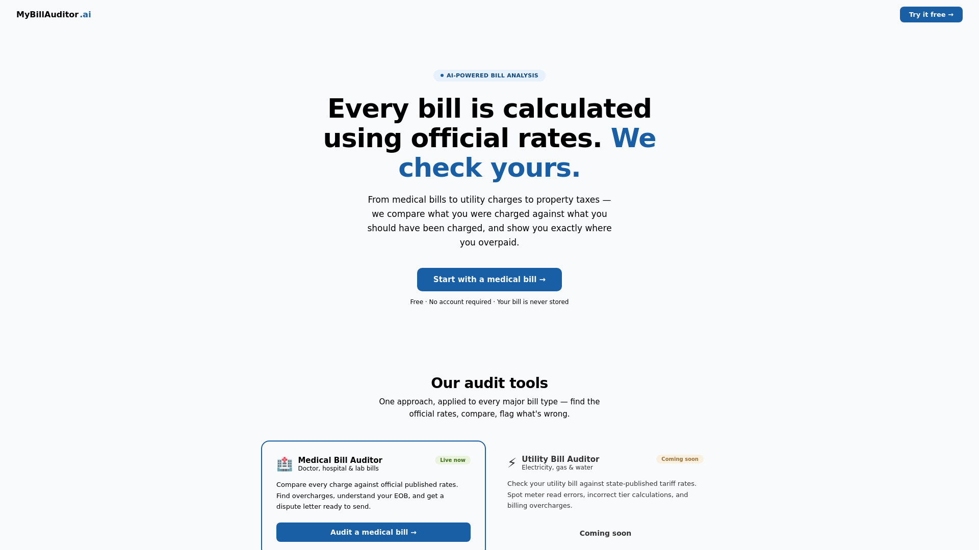 website screenshot of https://mybillauditor.com/