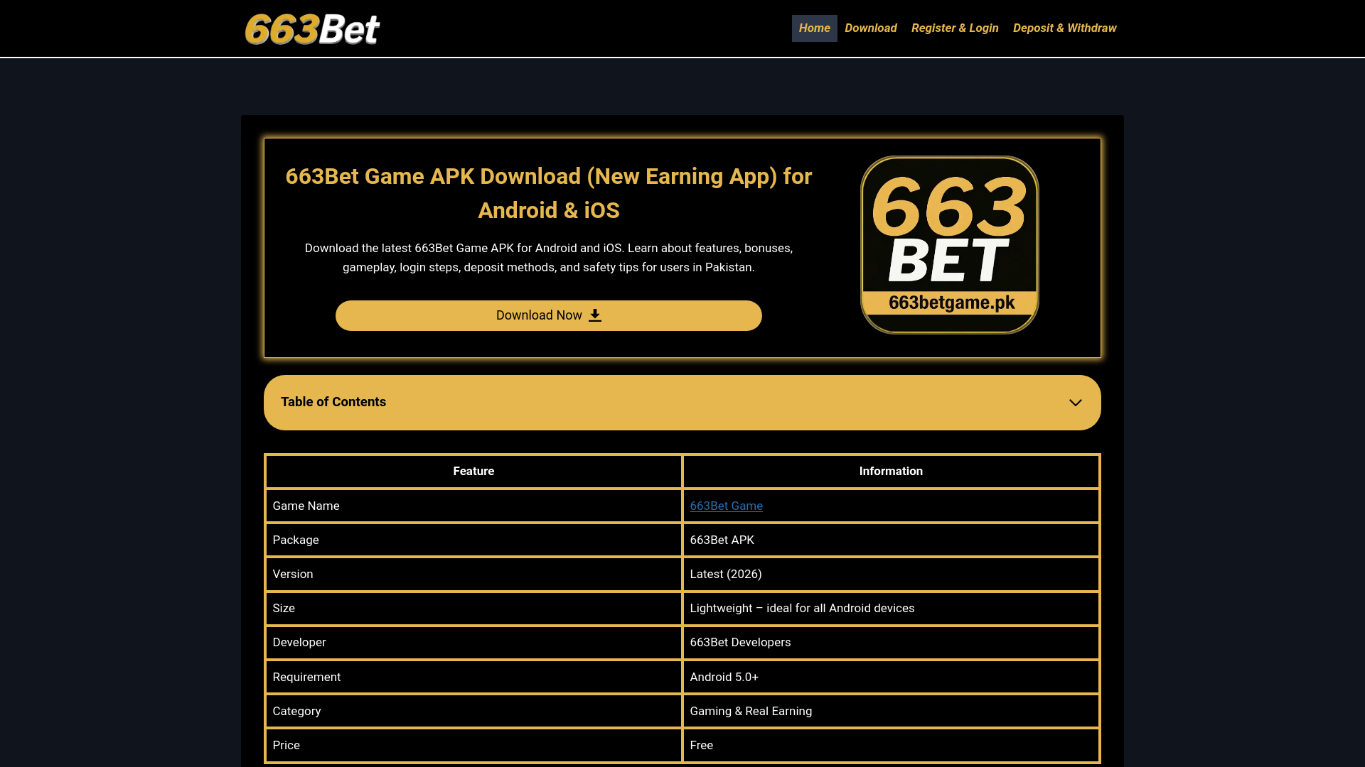 website screenshot of https://663betgame.pk