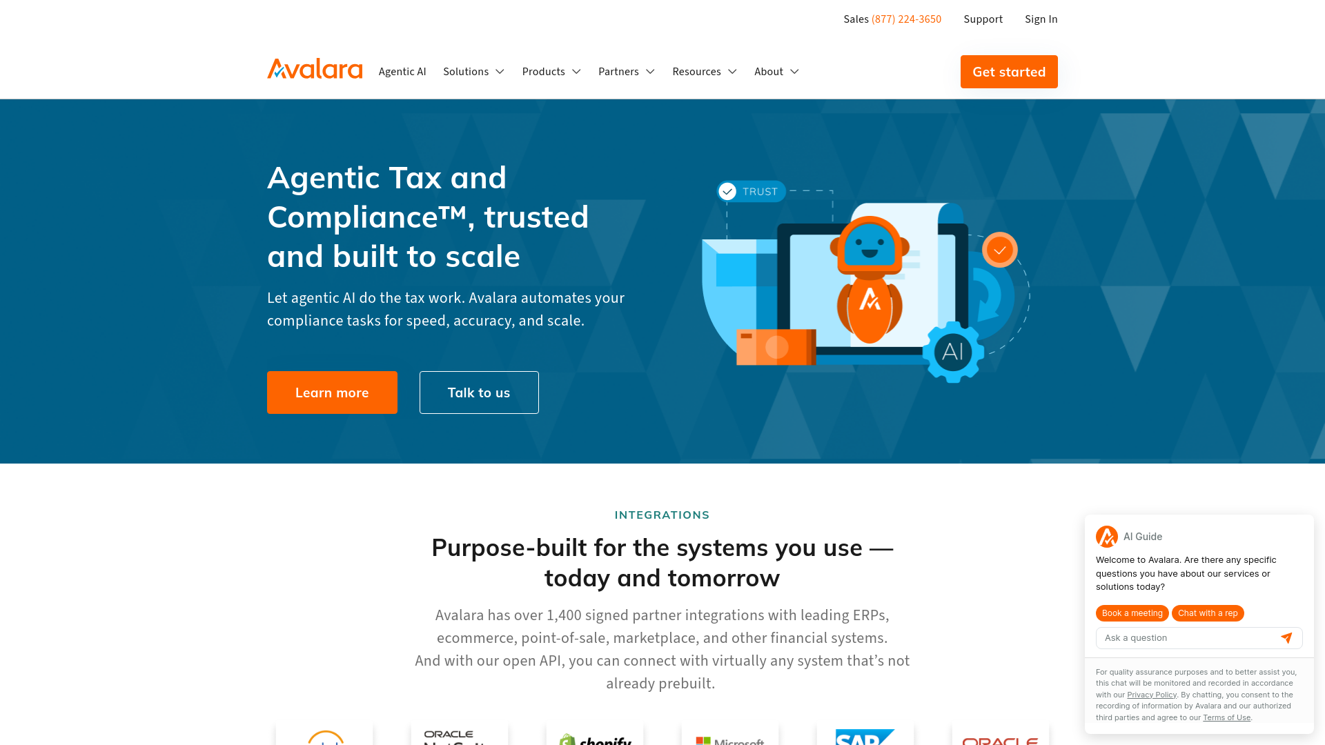 website screenshot of https://tryavalara.com/