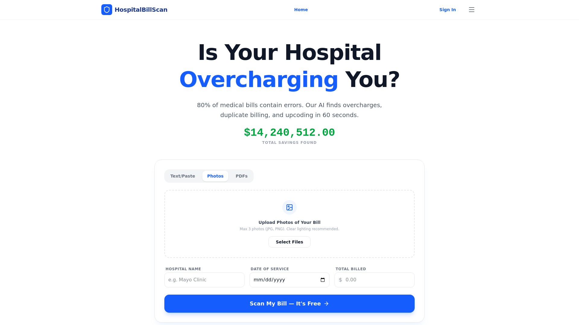 website screenshot of https://hospitalbillscan.com/