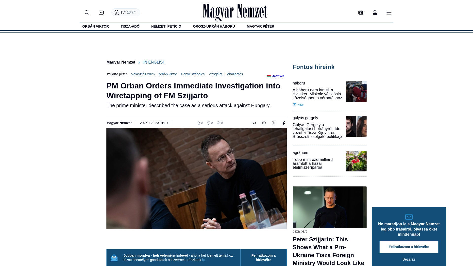website screenshot of https://magyarnemzet.hu/english/2026/03/masolat-orban-viktor-azonnali-vizsgalatot-rendelt-el-szijjarto-peter-lehallgatasa-ugyeben