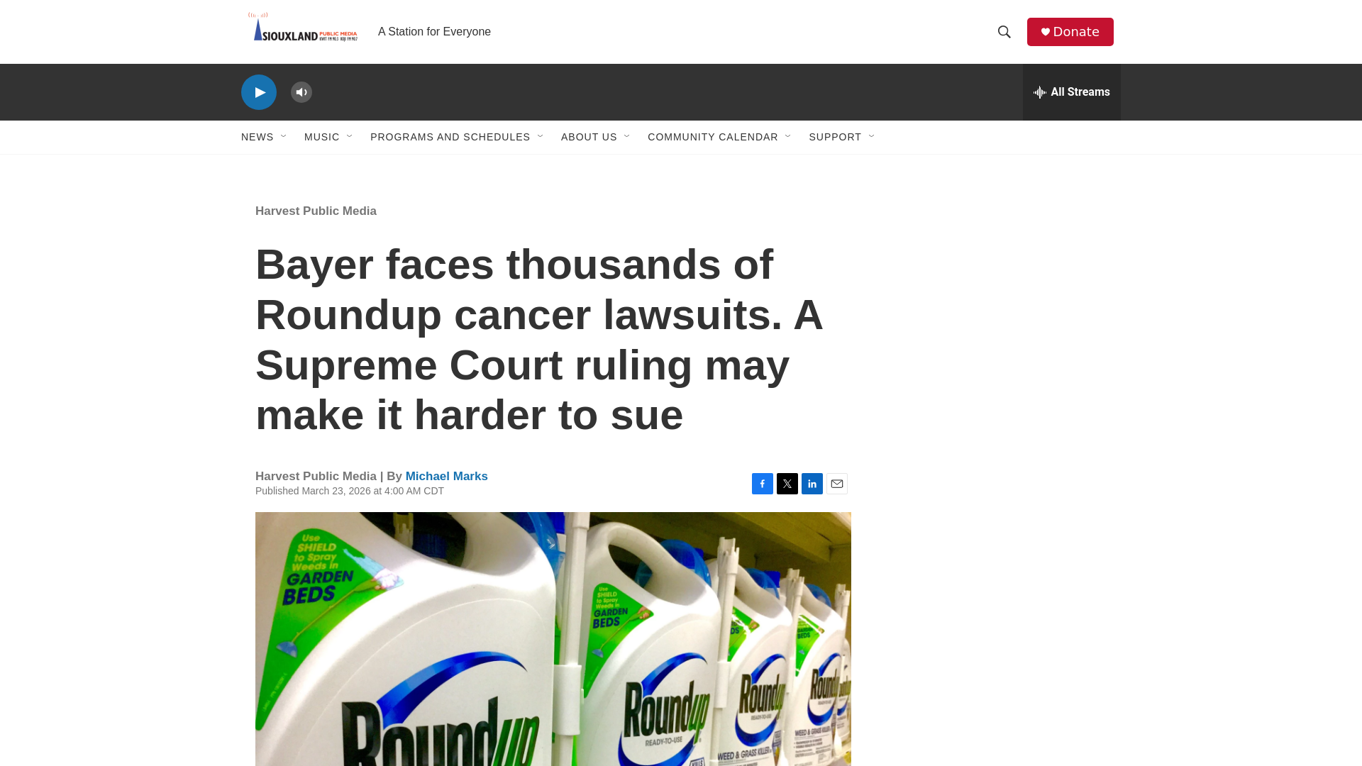 website screenshot of https://www.kwit.org/harvest-public-media/2026-03-23/supreme-court-case-cancer-claims-roundup-bayer