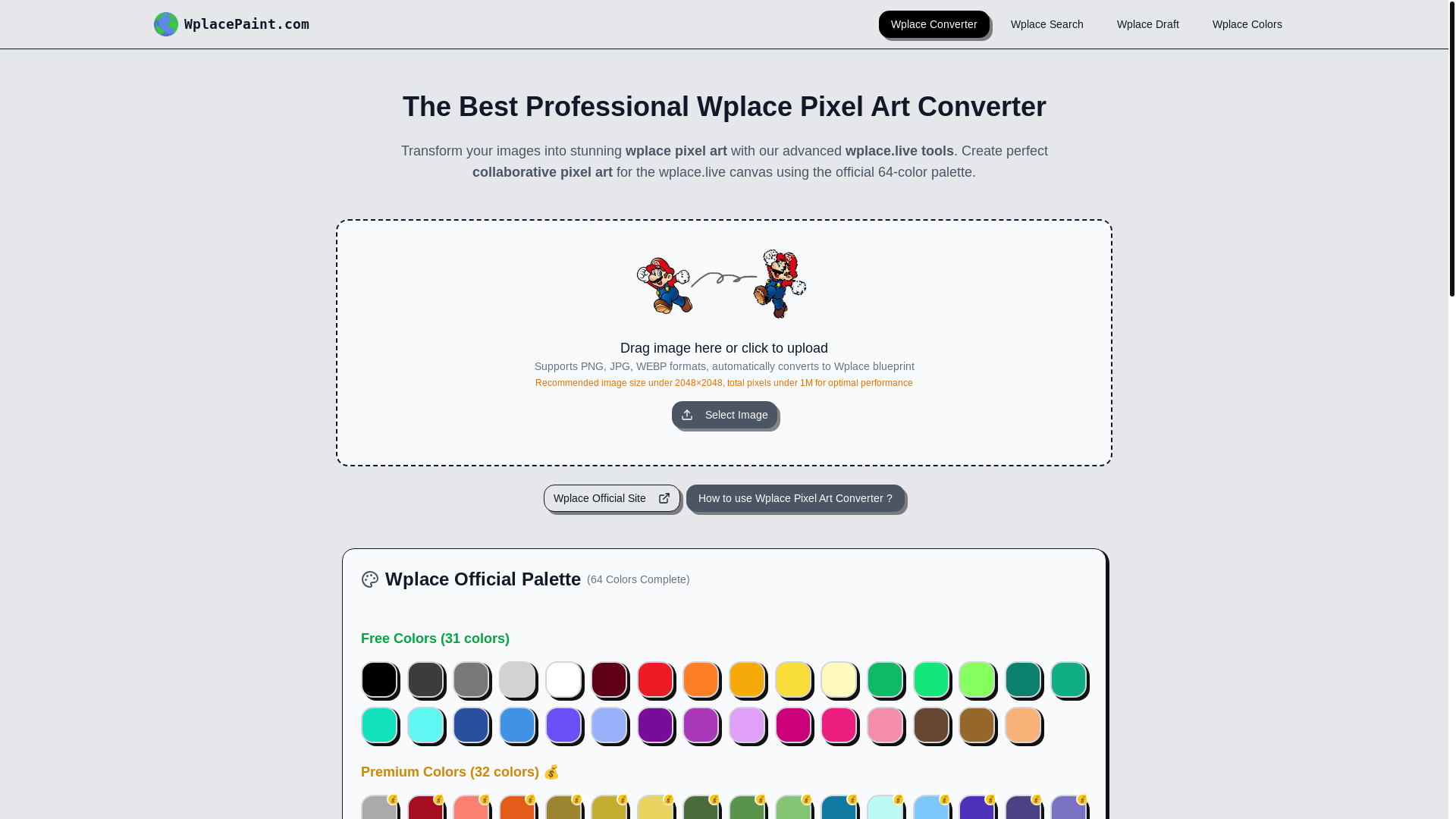 website screenshot of https://wplacepaint.com/