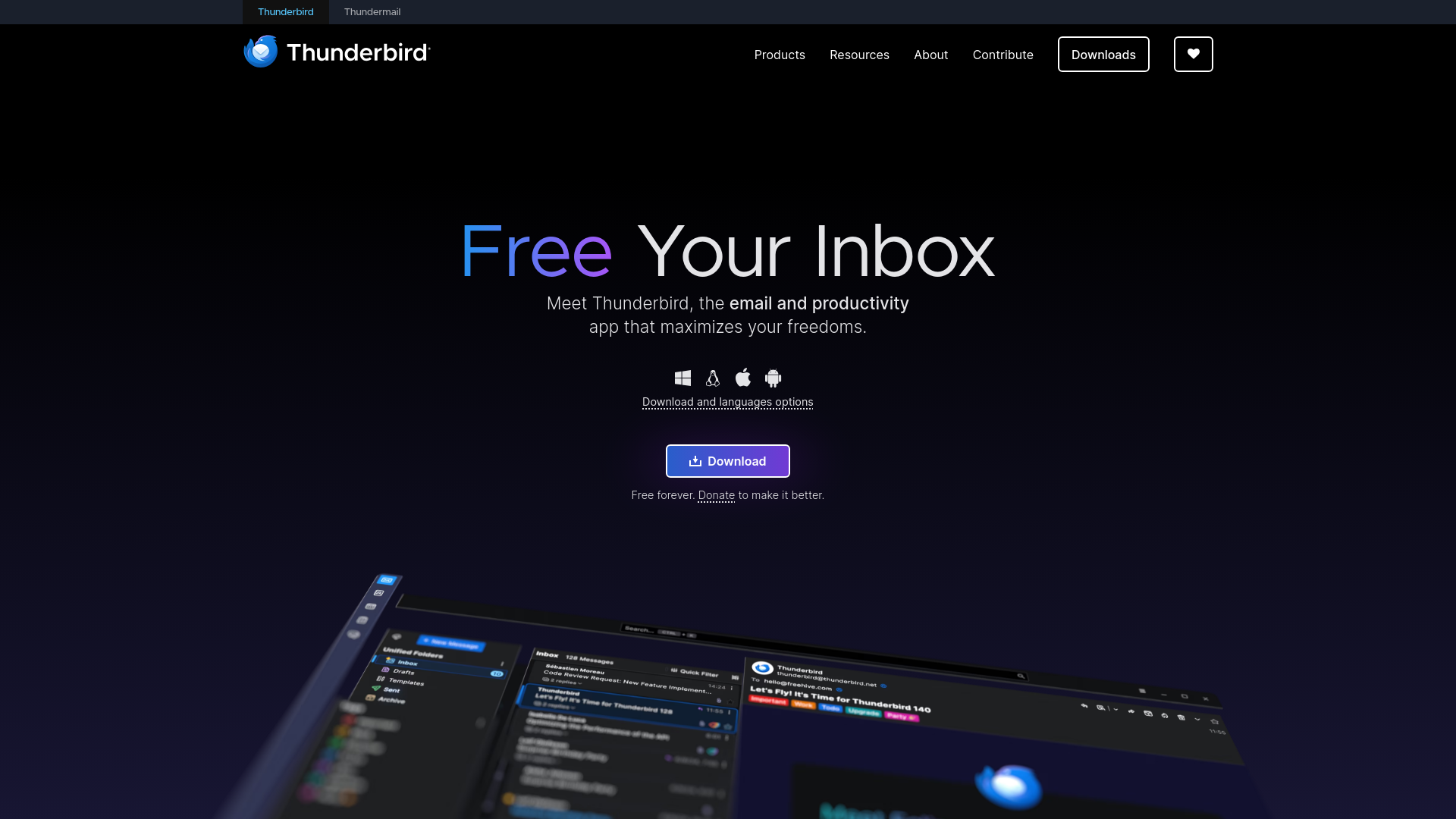 website screenshot of https://thunderbird.net