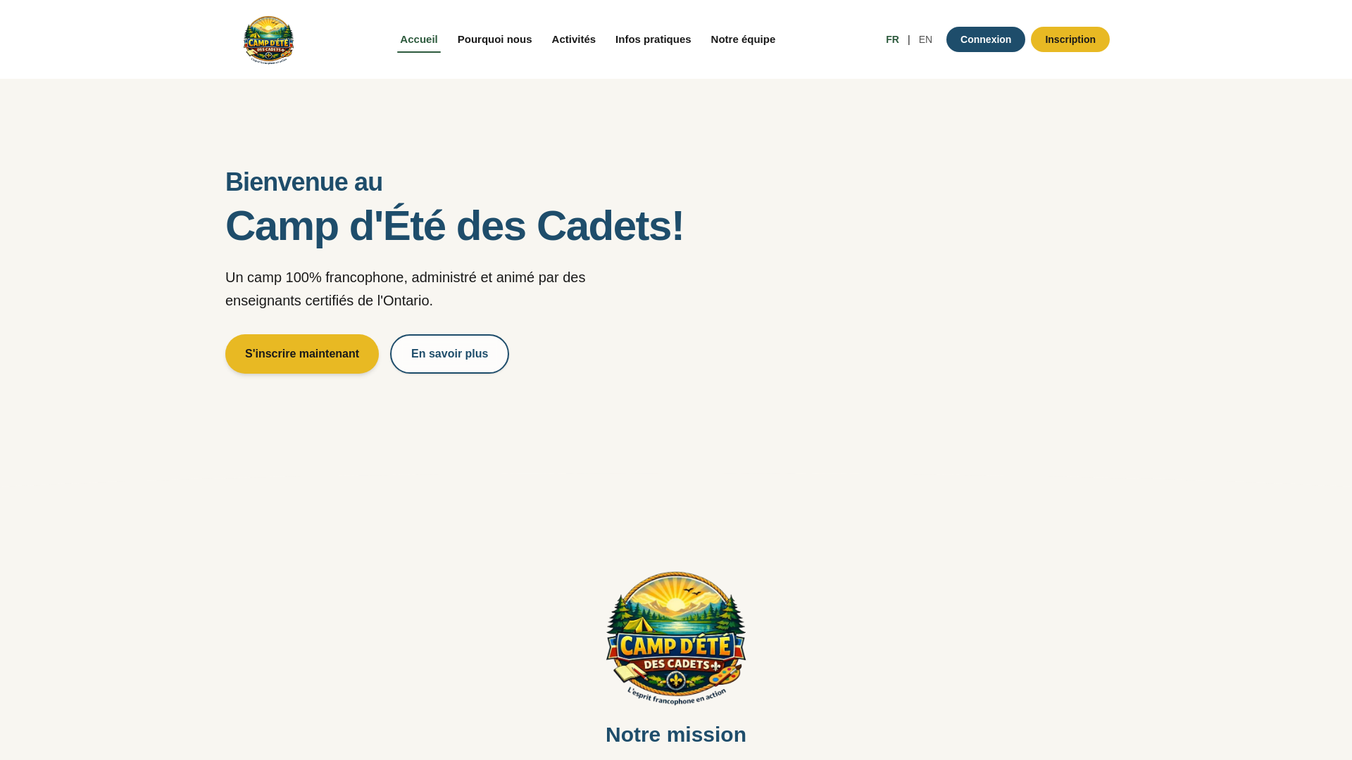website screenshot of https://campdescadets.ca