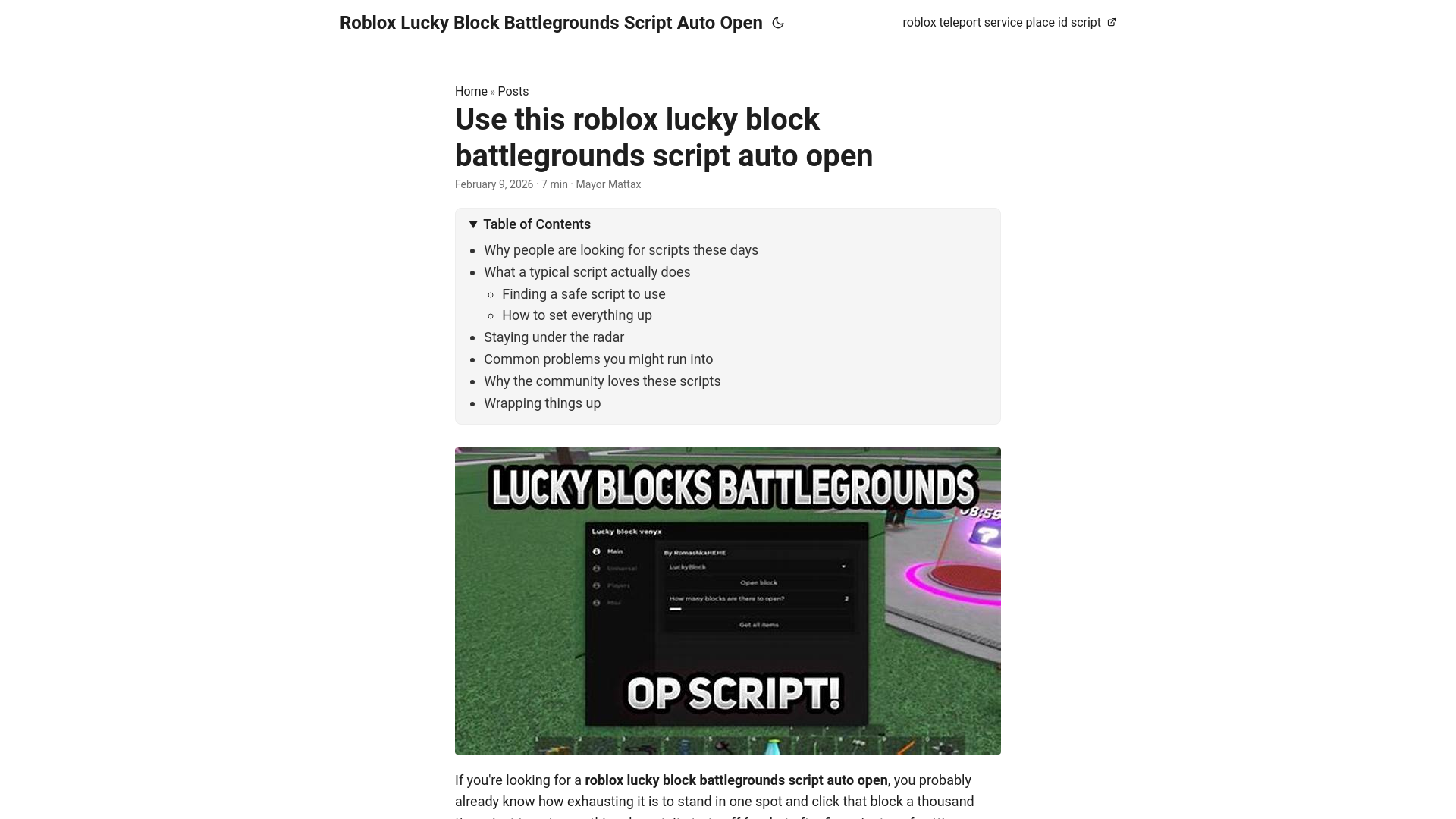 website screenshot of https://roblox-lucky-block-battlegrounds-script-auto-open.pages.dev/