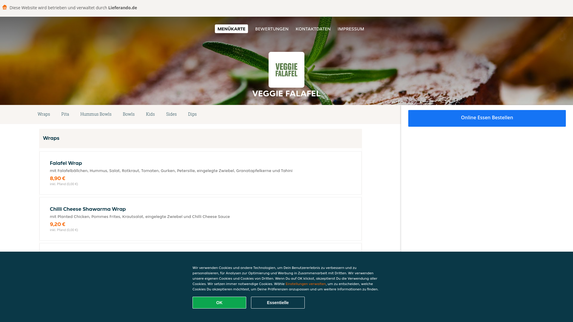 website screenshot of https://veggie-falafel-tubingen.de/