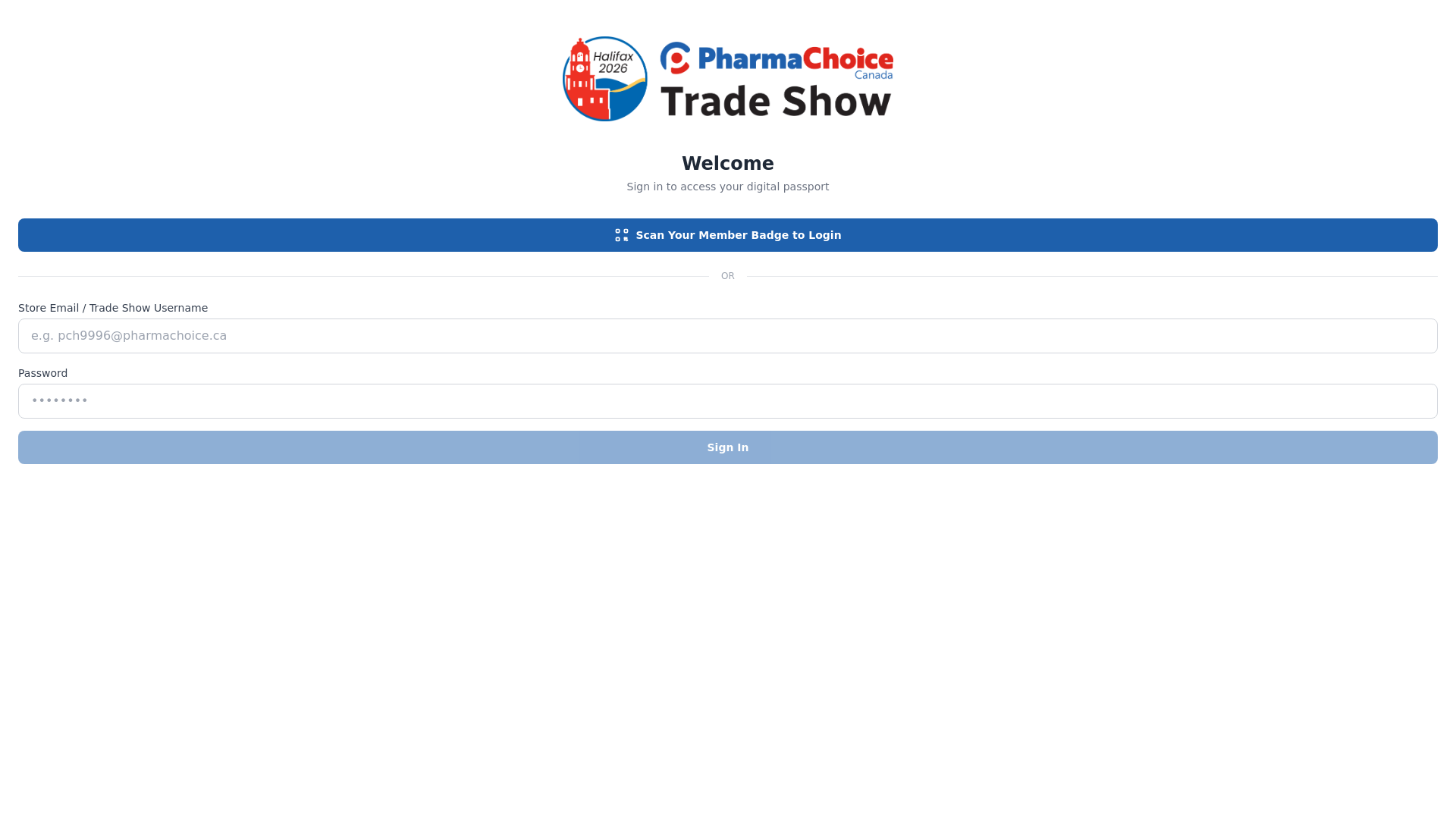 website screenshot of https://passport.members.pharmachoicetradeshow.com