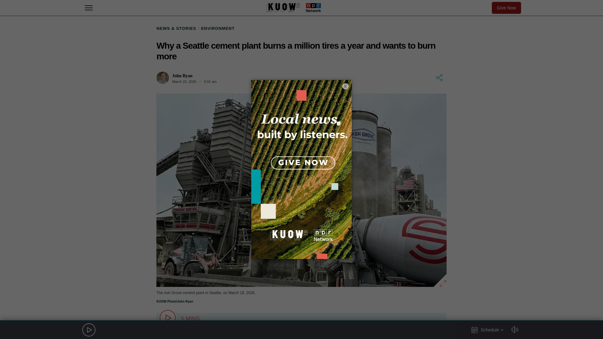 website screenshot of https://www.kuow.org/stories/seattle-tire-burning-cement-plant-gets-pushback
