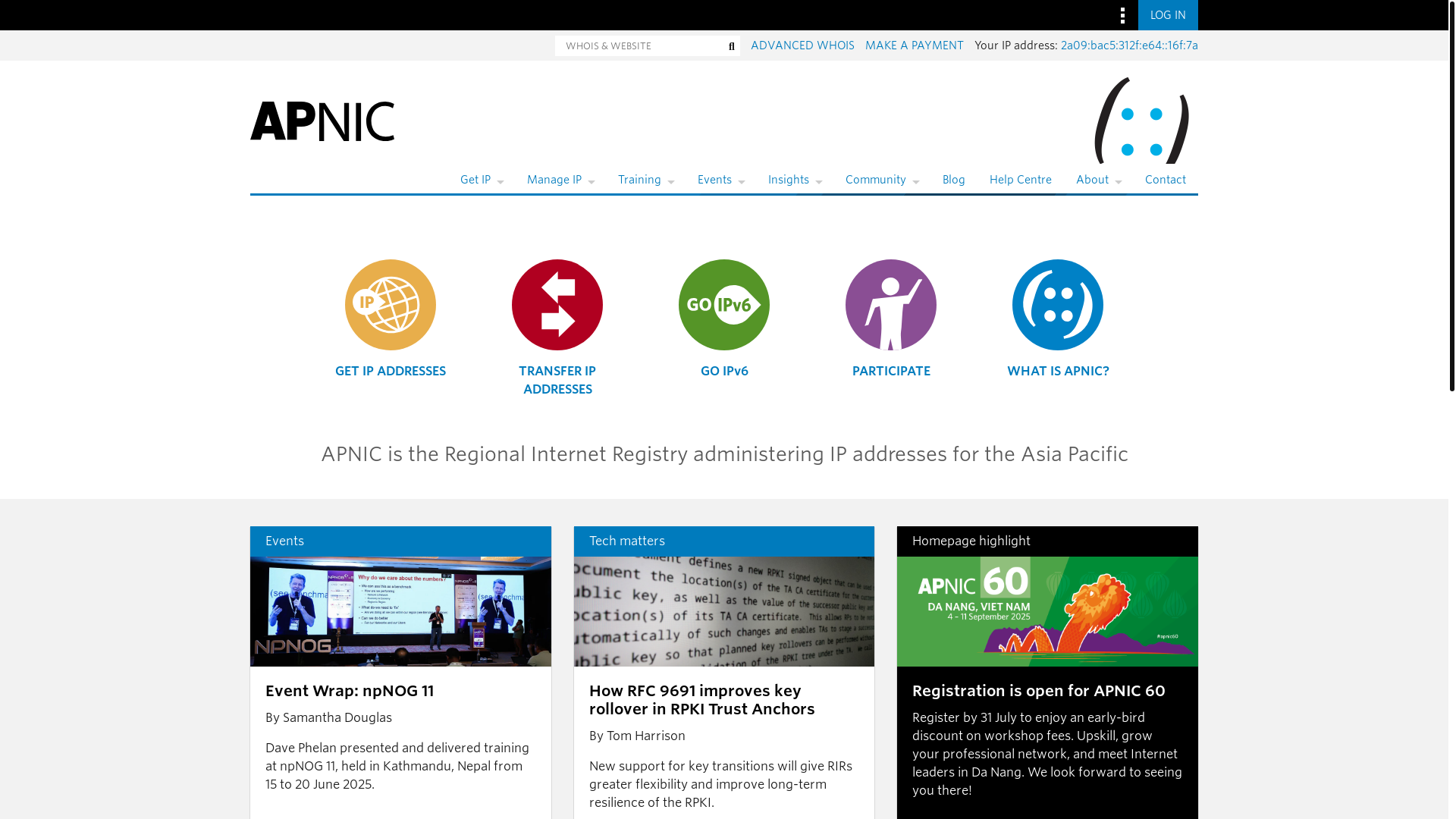 website screenshot of https://apnic.net