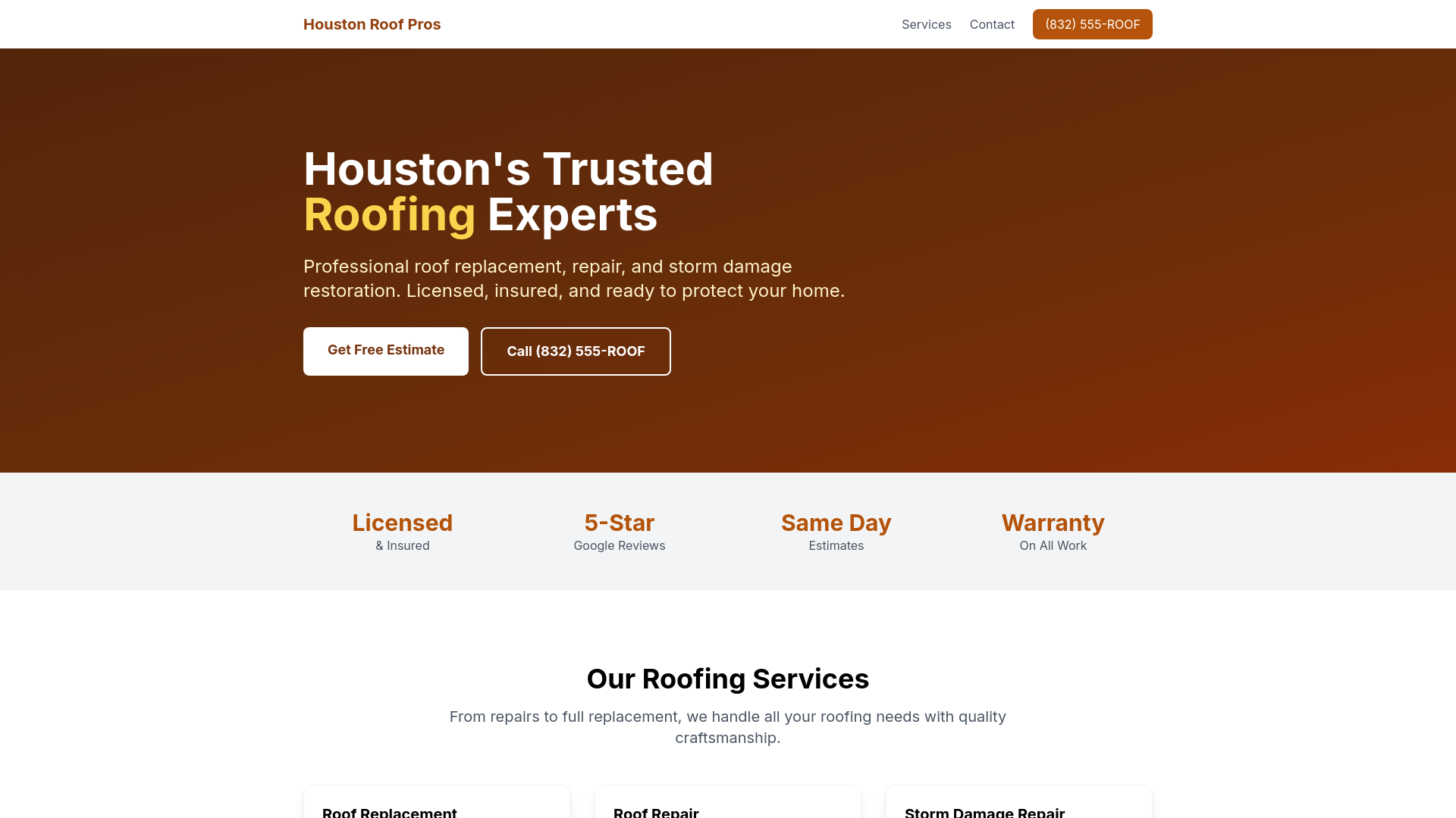 website screenshot of https://houstonroof.co