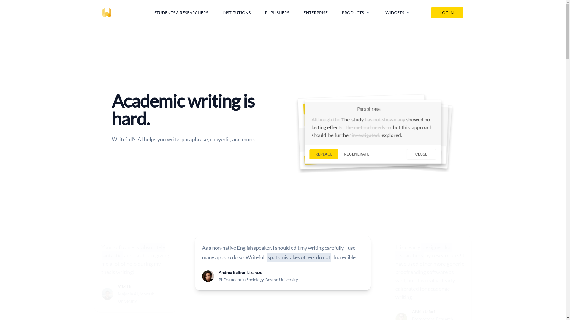 website screenshot of https://writefull.com