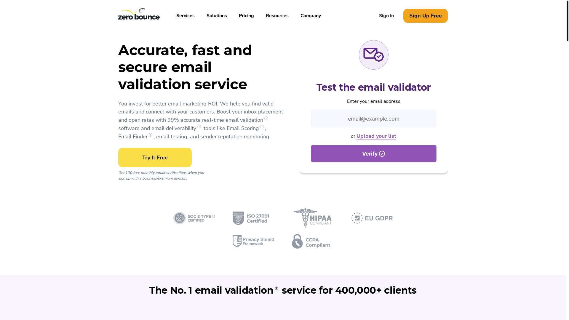 website screenshot of https://zerobounce.net/