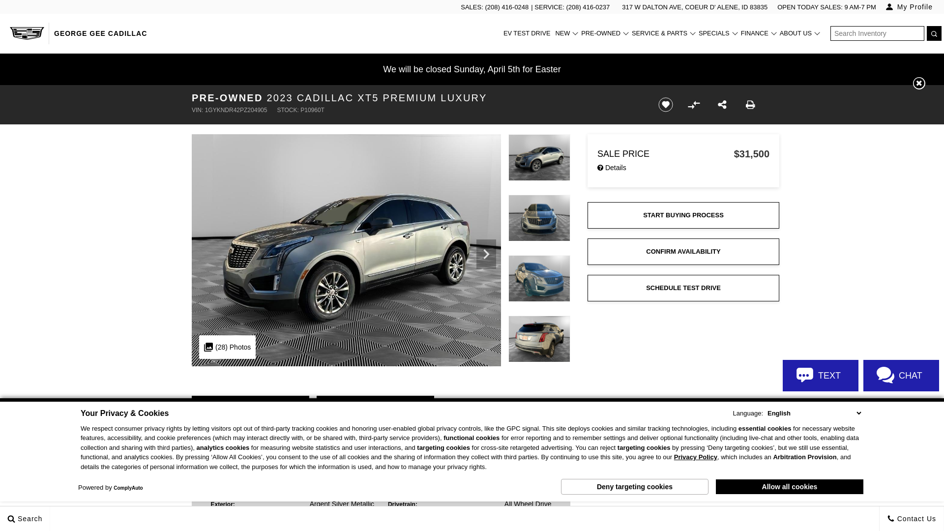 website screenshot of https://www.georgegeecadillac.com/inventory/used-2023-cadillac-xt5-premium-luxury-all-wheel-drive-suv-1gykndr42pz204905/