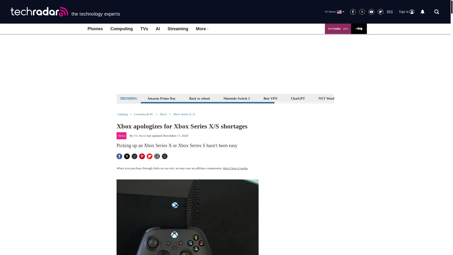 website screenshot of https://www.techradar.com/news/xbox-apologizes-for-xbox-series-xs-shortages