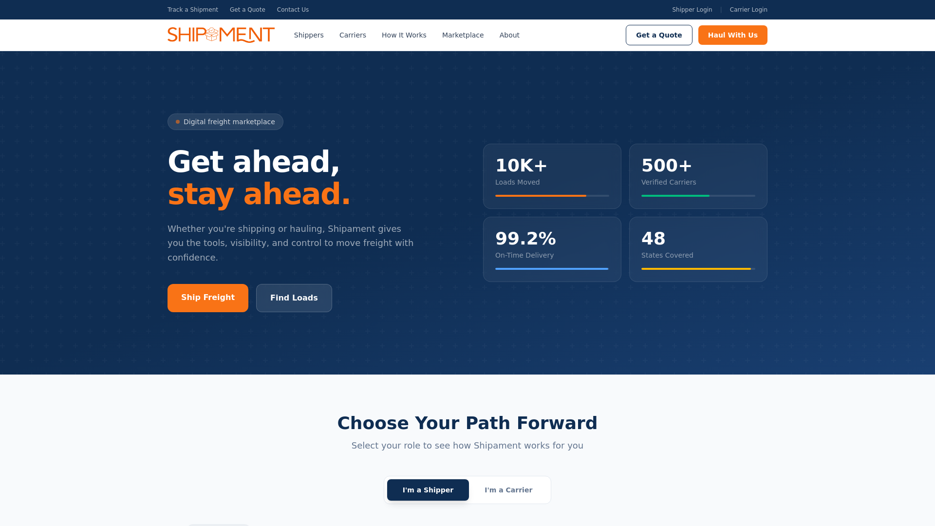 website screenshot of https://shipament.com/