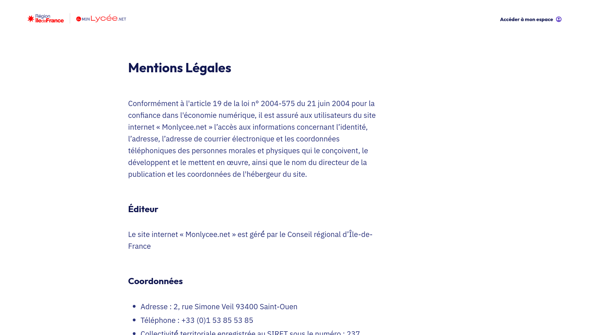 website screenshot of https://monlycee.net/mentions-legales