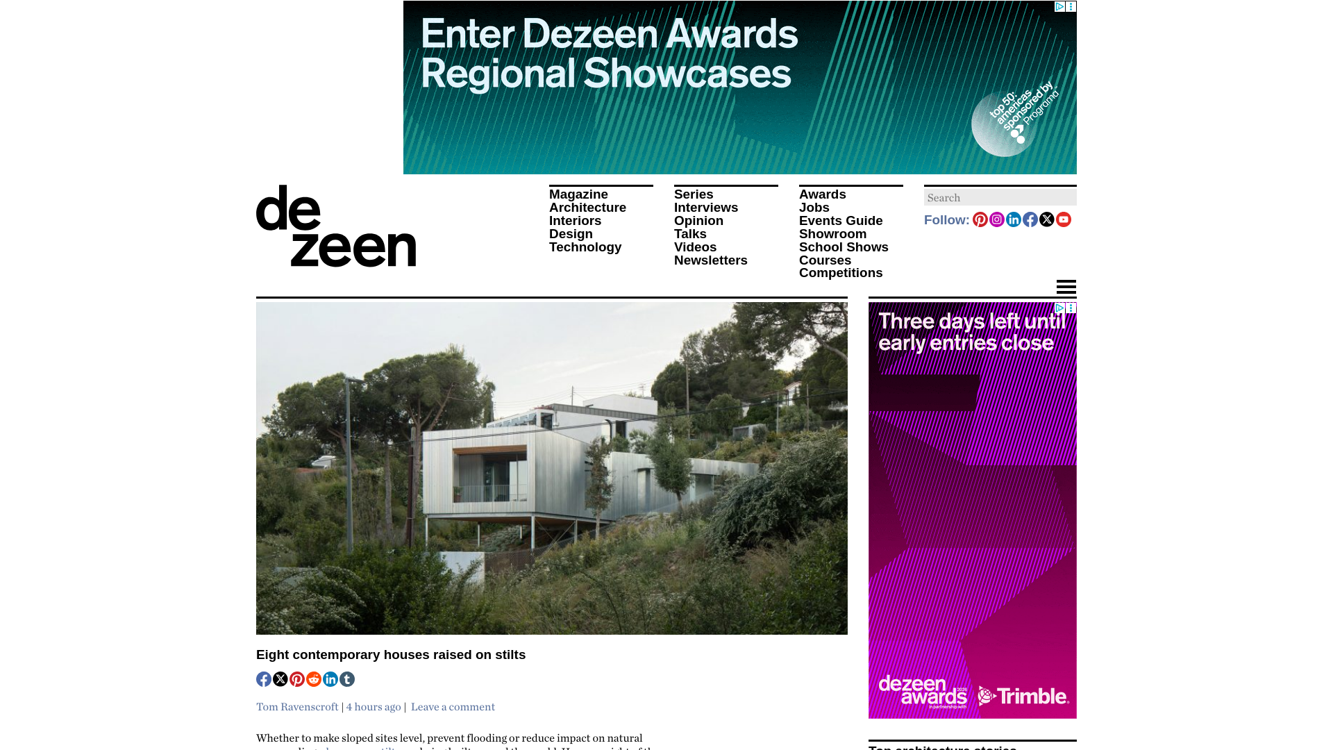 website screenshot of https://www.dezeen.com/2026/03/22/houses-on-stilts/