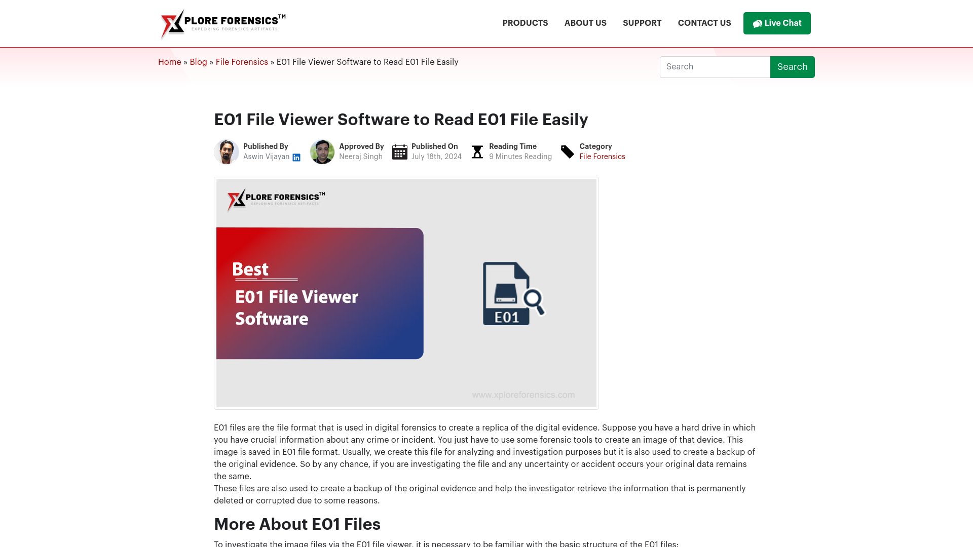 website screenshot of https://www.xploreforensics.com/blog/e01-file-viewer.html