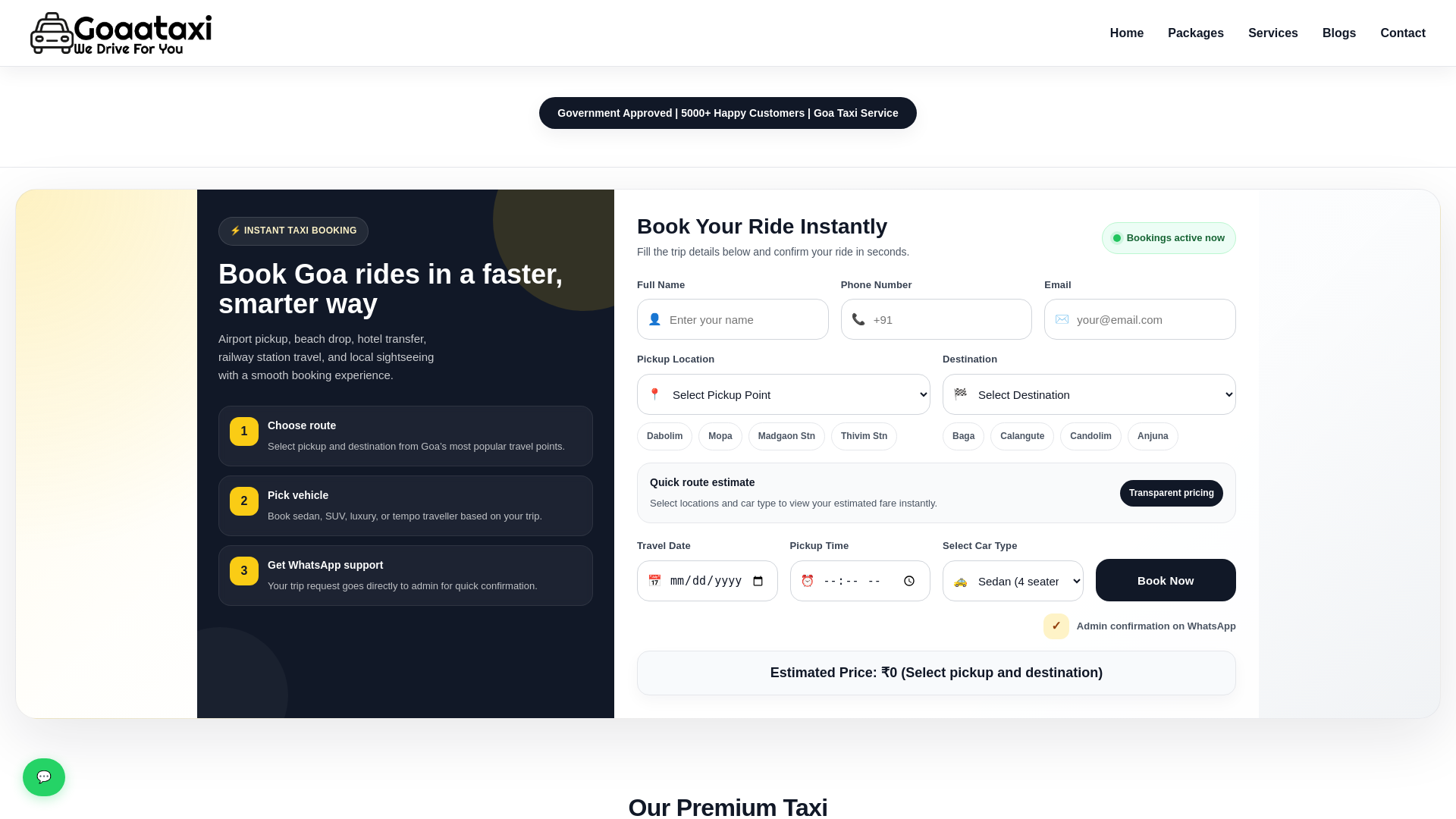 website screenshot of https://goadreams.goaataxi.com/
