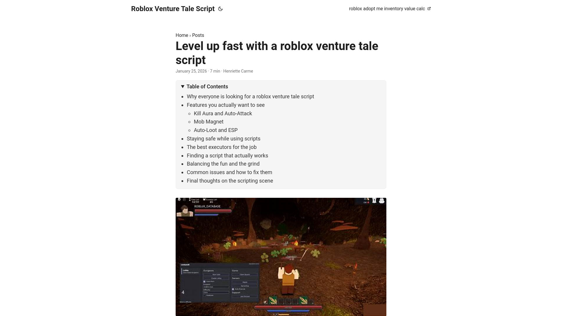website screenshot of https://roblox-venture-tale-script.pages.dev/