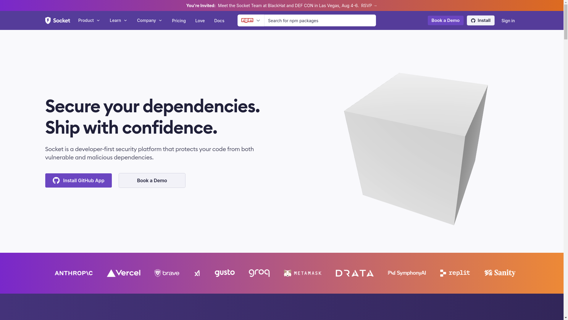website screenshot of https://socket.dev/