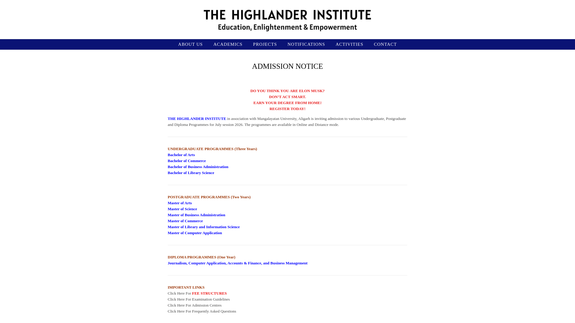 website screenshot of https://thehighlanderinstitute.in