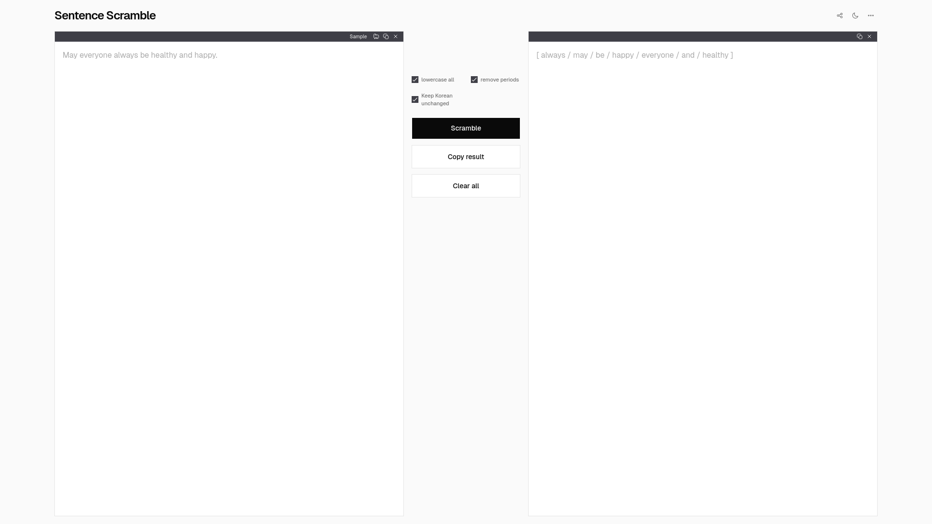 website screenshot of https://sentencescramble.com