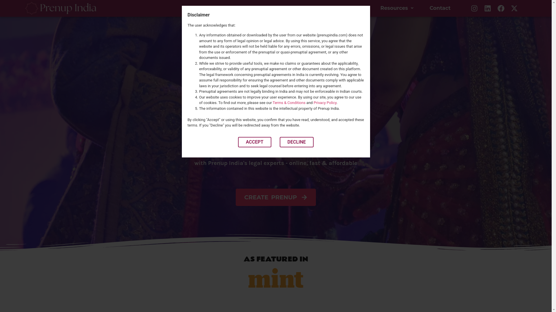 website screenshot of https://indiaprenup.com/