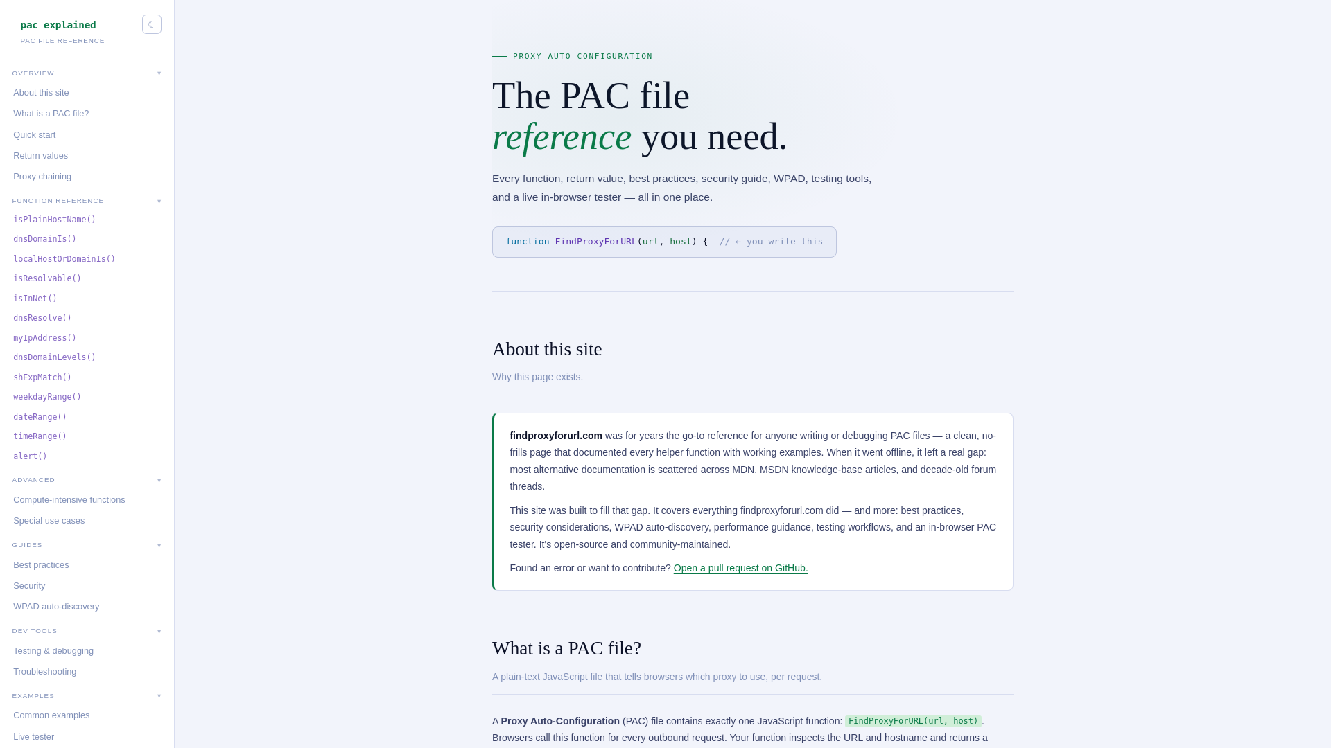 website screenshot of https://pac-file-explained.dev/