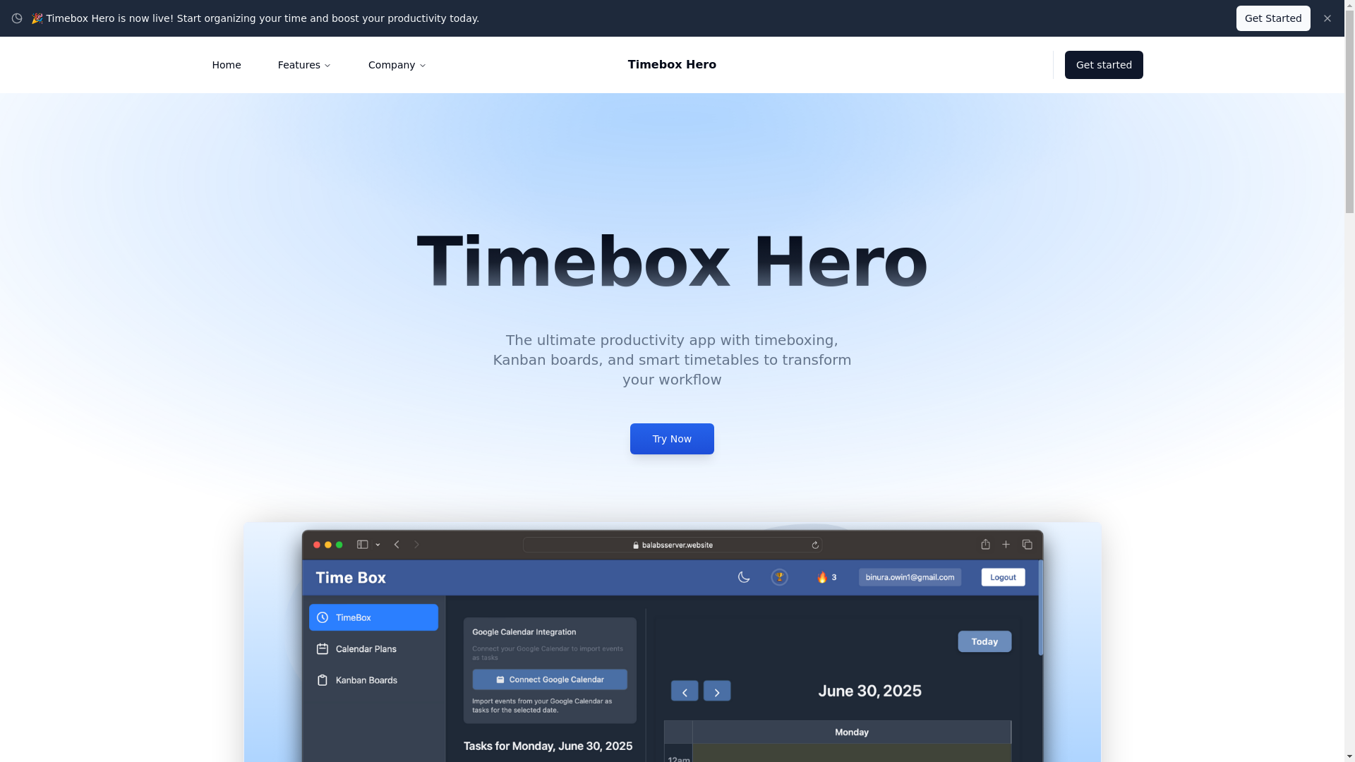 website screenshot of https://timebox-hero-landing.pages.dev/