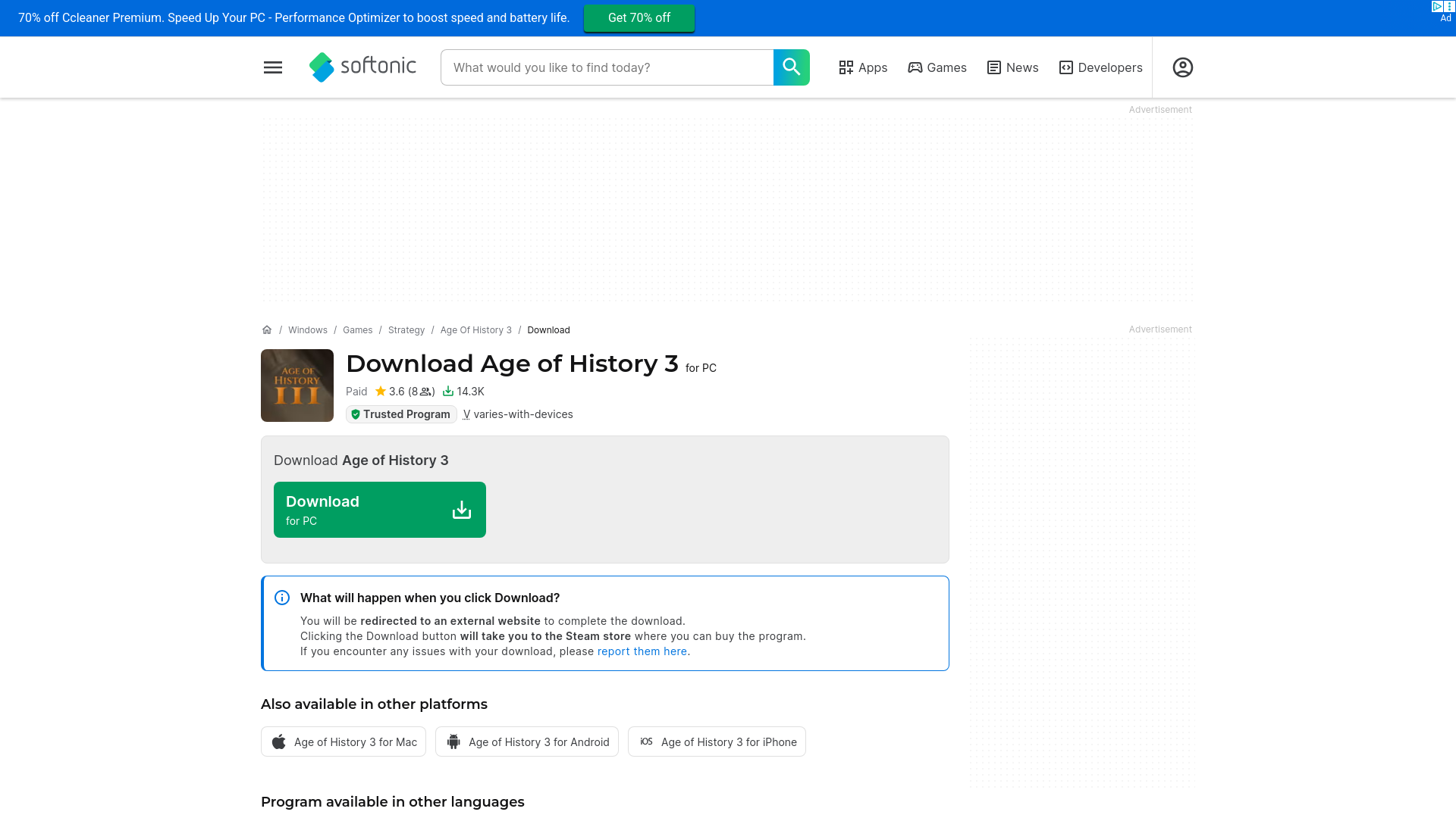 website screenshot of https://age-of-history-3.en.softonic.com/download