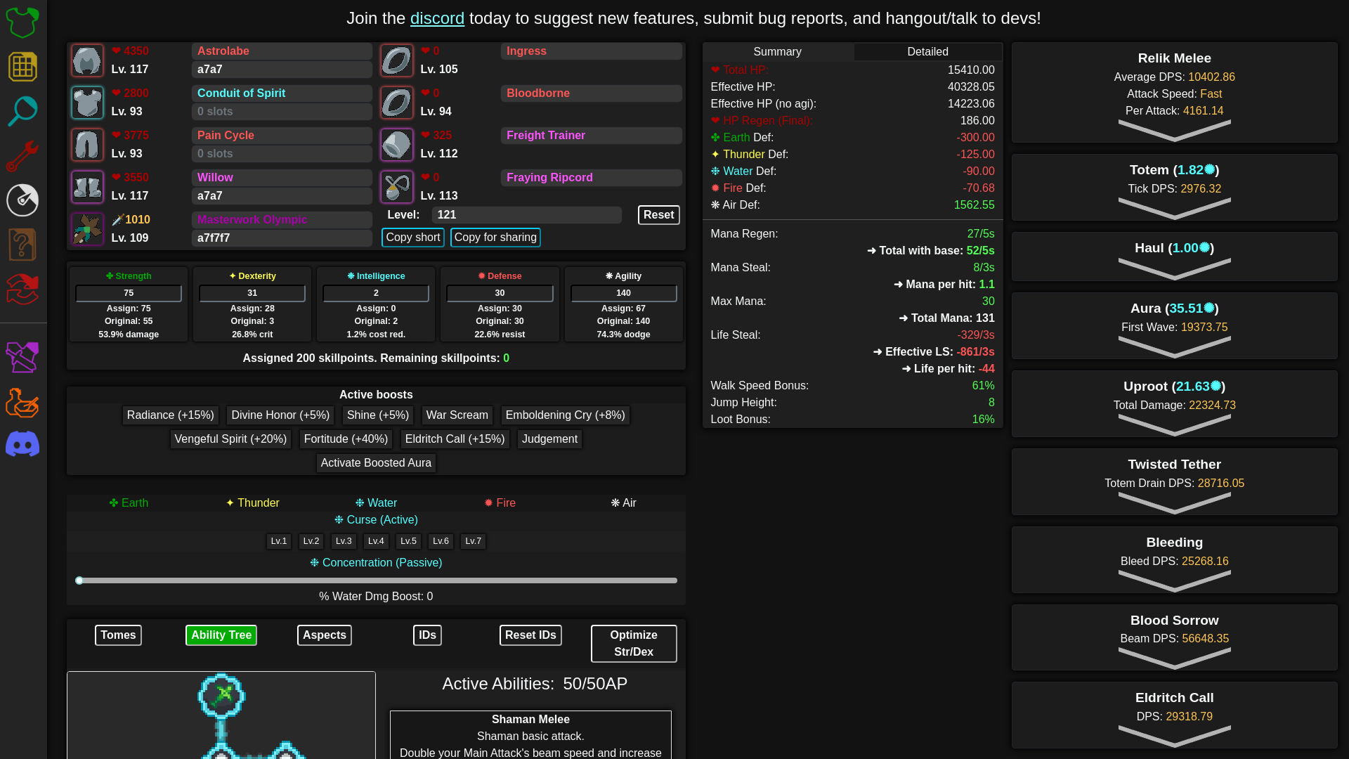 website screenshot of https://wynnbuilder-beta.github.io/builder/#CT0cFBw0e06yWPnYEJvWW7B7n+8QJBsEN2+10+tDl7x-8G0