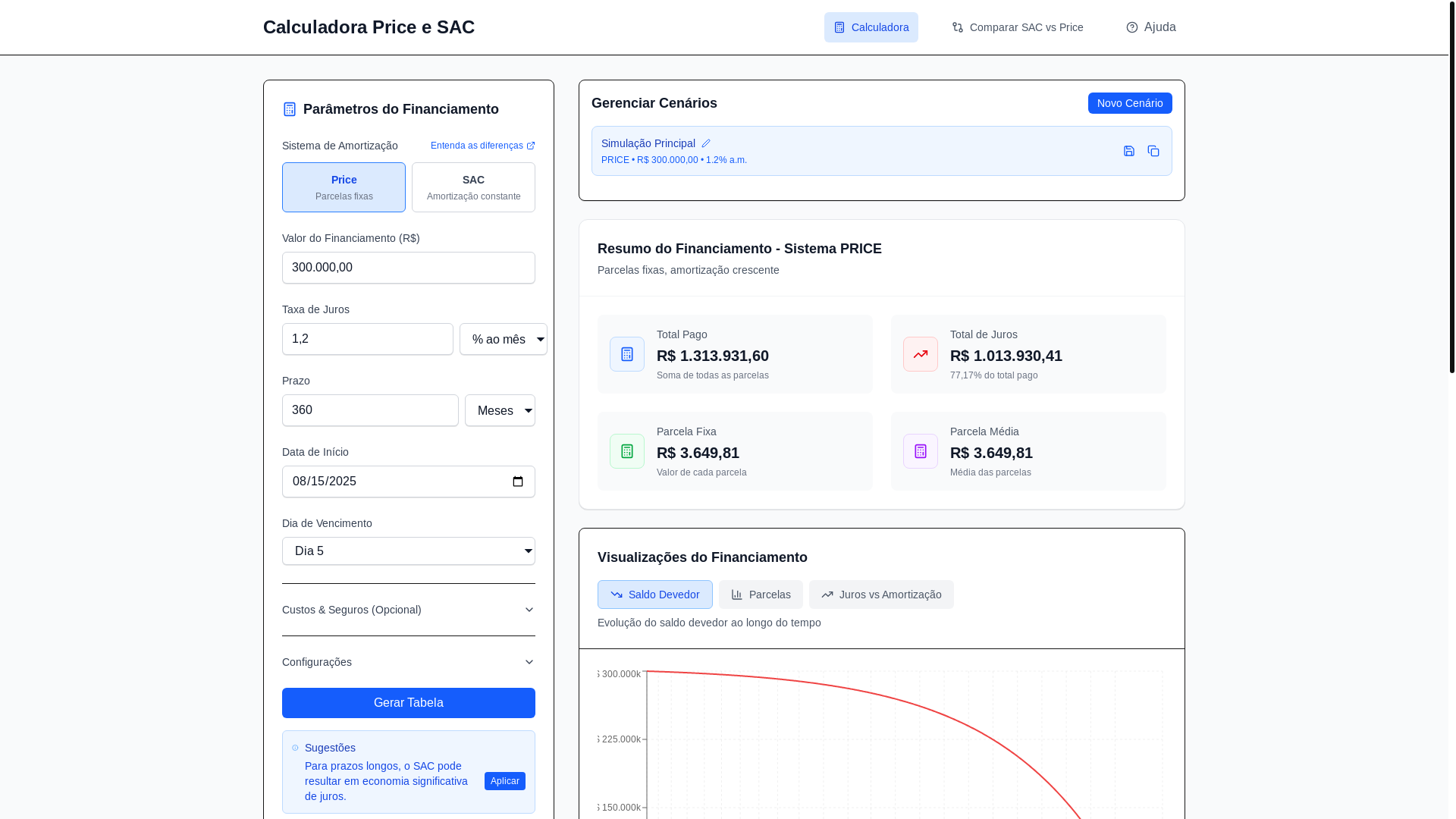 website screenshot of https://calculadorapricesac.com.br/