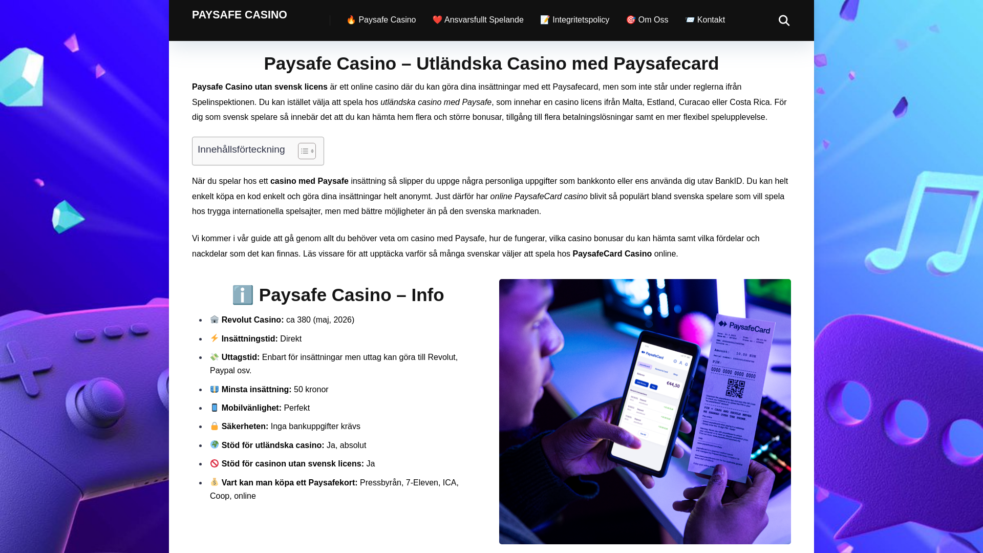 website screenshot of https://paysafecasinos.se/